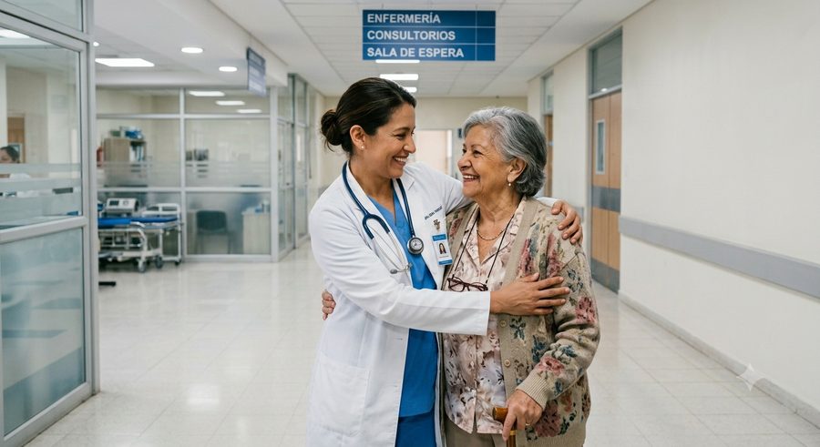 Doctora acompañando a su paciente