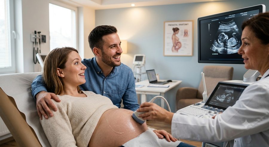 Pareja en control prenatal con su médico